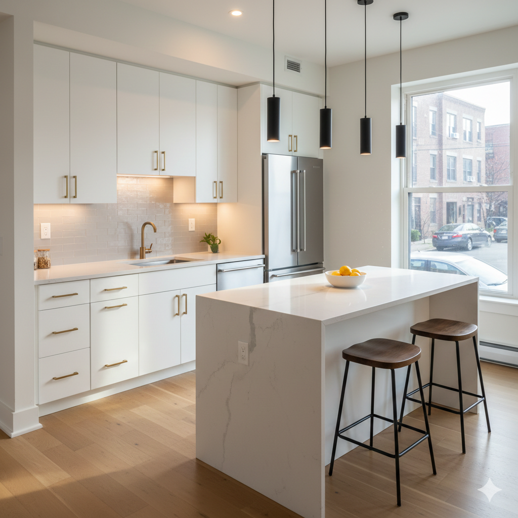 Modern renovated South Boston kitchen with marble island